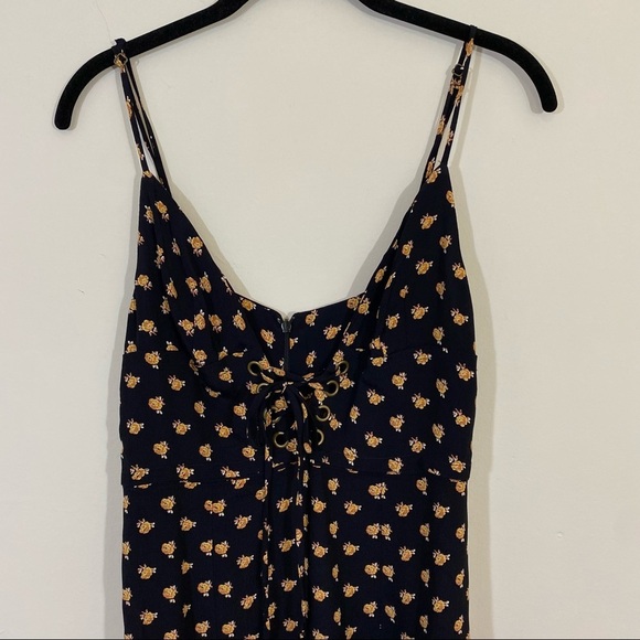 Blue Life Gia Lace Up Mini Dress Black Yellow Rose Floral Print V Neck Small - Picture 7 of 8